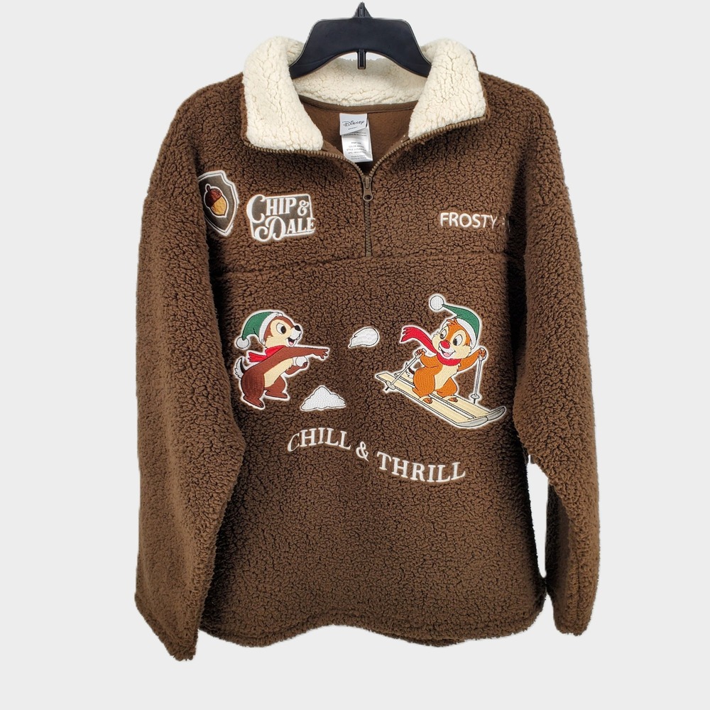Disney Womens XL Chip & Dale Sherpa Fleece Quarter Zip‎ Brown Pullover LUSJ088